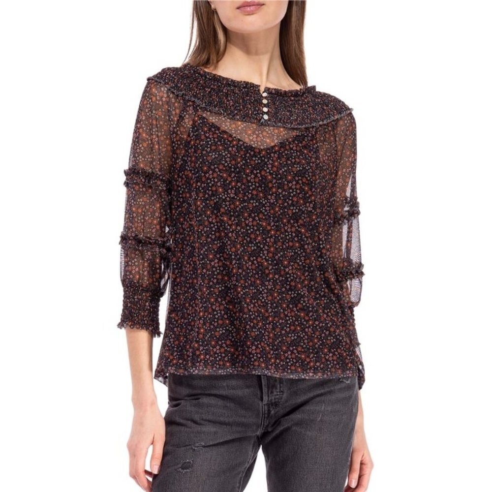 Bobeau Floral Smocked Ruffle Trim Top with Black Cami
